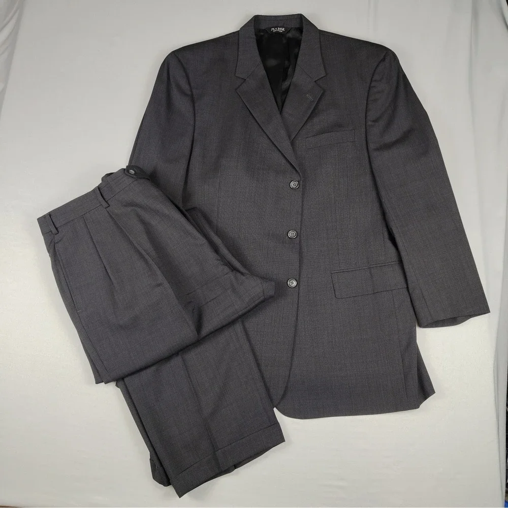 Jos A Bank Men's 48L 44x32 Charcoal 100% Wool 2 Piece Suit Pants Pleated Cuffed